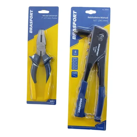 Kit Alicate Universal 7 + Rebitadeira Manual 9,5 - Brasfort Azul E Amarelo