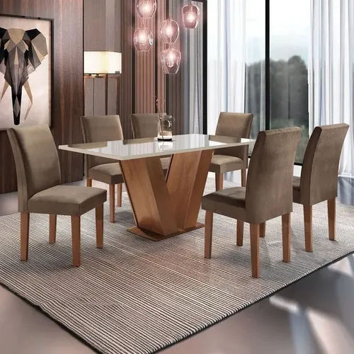 Conjunto Sala De Jantar Mesa Tampo De Vidro 6 Cadeiras Chocolate/off White/veludo Animale Marrom Liso