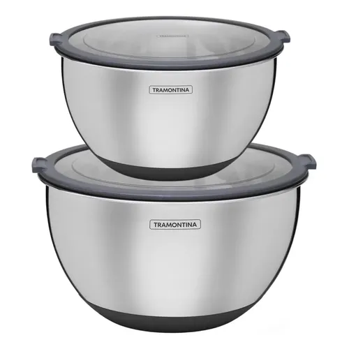Kit 2 Pote Bowl Cucina 1,5l 3l Tramontina Inox Tampa Vedação Cinza