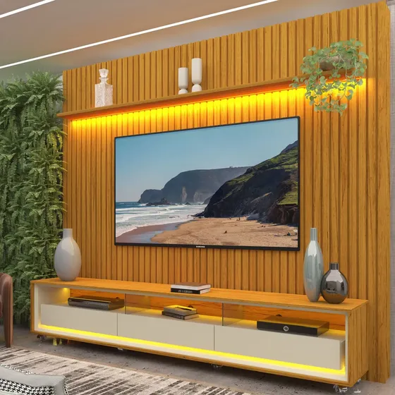 Rack Com Painel Ripado Para Tv Até 90 Polegadas Led 3 If