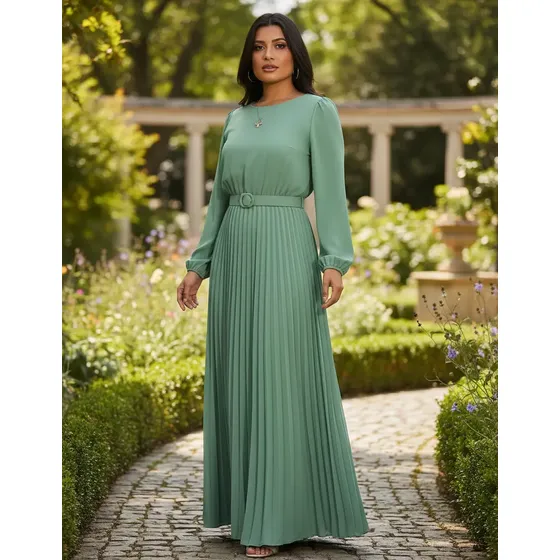 Vestido Longo Festa Saia Plissada Moda Evangelica Premium