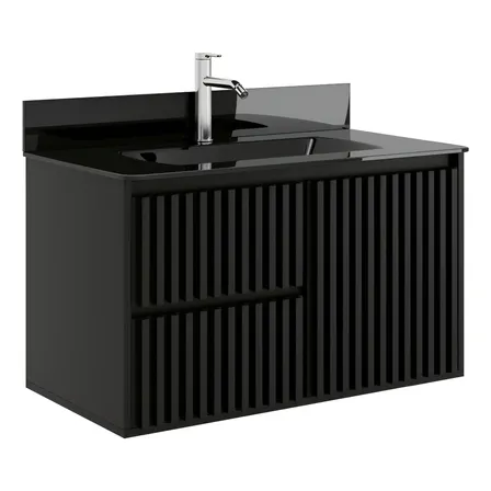 Gabinete Armário Vision 80 Preto Bancada De Vidro E Válvula Preto Um Furo