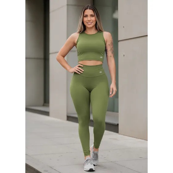Conjunto Blackout Zero Transparência Legging E Cropped Suple Verde Militar G