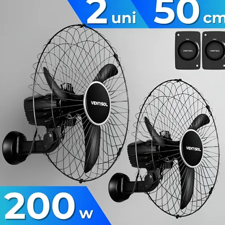 Kit 2 Ventilador Parede 50cm 3pás Preto Ventisol Bivolt 200w 50 Cm 50 Hz/60 Hz Preto 127/220v Plástico 3