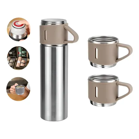 Kit Garrafa Térmica 500ml Vacuum Flask Set C/ 3 Xicaras Prata
