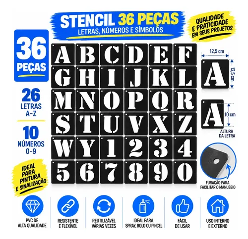 Stencil Pintura Molde 36 Peças Letras Números Altura 10cm