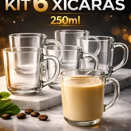 Jogo De 6 Xicara De Café Chá 250 Ml Praticasa Caneca Vidro