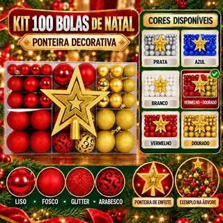 Kit 100 Bolas Natal Lisas/foscas/glitter C/ Ponteira Enfeite Vermelho E Dourado