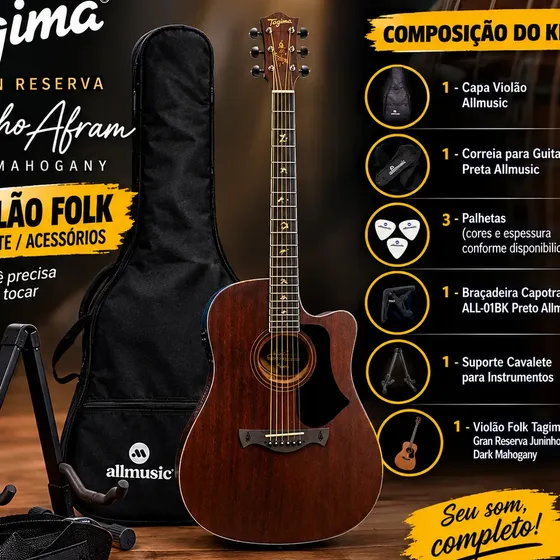 Kit Violão Folk Tagima Jr Afram Dark Mahogany Envio Full Nf