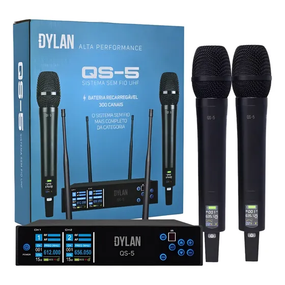 Microfone Sem Fio Duplo Dylan Qs5 Profissional 300 Canais Preto