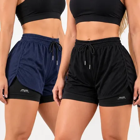 Kit 3 Short Fitness Feminino 2 Em 1 Cintura Alta Academia Variação-01 Liso M