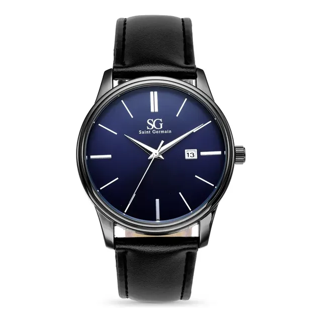 Relógio Masculino Couro Azul Caixa Prata Saint Germain 42mm Preto Azul-marinho