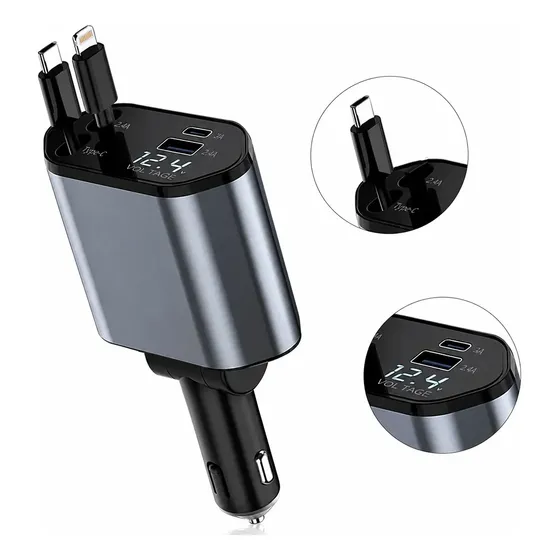 Carregador Veicular Retrátil Turbo 120w 4 Em 1 Com Cabo Cinza