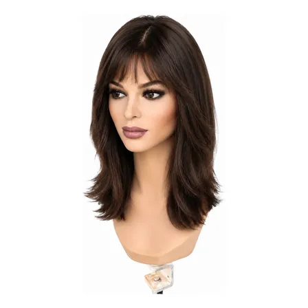 Peruca Wig Com Franja Cabelos Humanos Raiz Natural Silktop Castanho M
