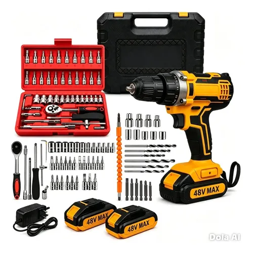 Parafusadeira Furadeira De Impacto 2 Baterias + Kit 46 Peças Amarelo 48v