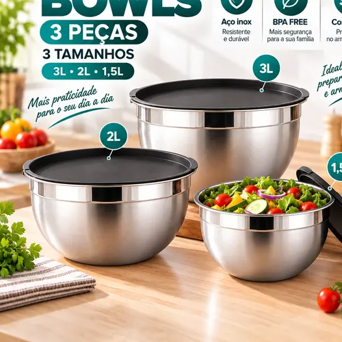 Kit3 Conjunto Pote Tigela Bowls Inox Com Tampa Hermética Prateado