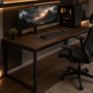 Mesa Gamer Industrial 150cm Para Pc E Home Office Pés De Aço Nogal