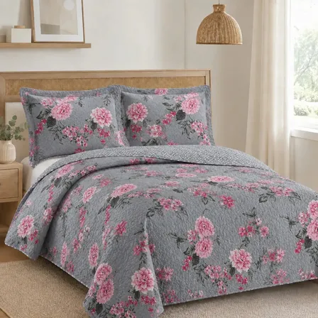 Kit Colcha Cobre Leito Casal 3 Peças Estampado Dupla Face Floral_51