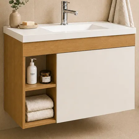 Gabinete Para Banheiro Com Cuba Compacta Design Clean Nature/off White Branco Um Furo