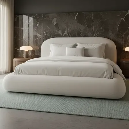Cama Queen Malibu Estofada Bouclé Design Moderno Alto Padrão Bege Boucle