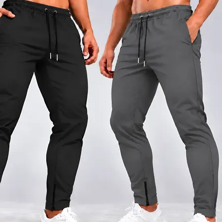 Kit 2 Calças Jogger Tactel Com Elastano Bolsos E Zipper Preta E Cinza M