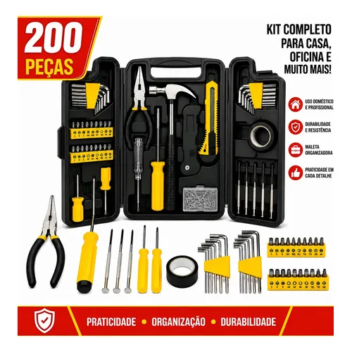 Kit Maleta Jogo Ferramentas Completa 200 Peças Aço Chaves Preto