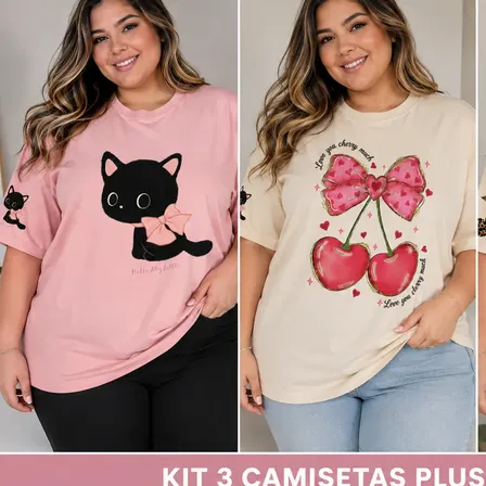 Kit 3 Camisetas Femininas Plus Size 100% Algodão G1 Ao G5 Rosa- Branca - Caqui Variados G3 Liso