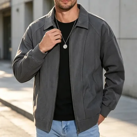Jaqueta Bomber Masculina Leve Gola Lapela, Zíper Cor Sólida Chumbo 40 (m)
