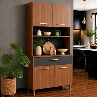 Armário De Cozinha Compacta Completa 4 Portas Gaveta Nicho Nature/grafite