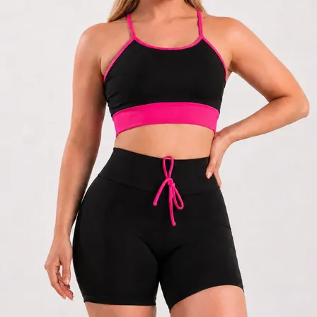 Conjunto Fitness Feminino Cintura Alta Short E Top Virginia Rosa M (veste 36 Ao 40)