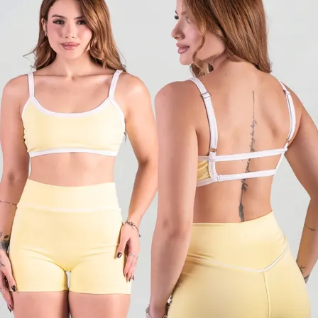 Conjunto Fitness Feminino Top Shorts Forrado Alça Ajustável Amarelo Liso M-veste Do 38 Ao 40