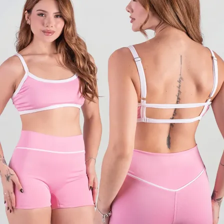 Conjunto Fitness Feminino Top Shorts Forrado Alça Ajustável Rosa Liso G-veste Do 42 Ao 44