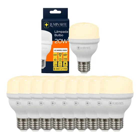Kit 10 Lâmpadas Led 20w Bulbo Branco Quente 3000k 127/220v