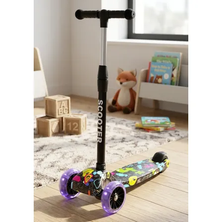 Patinete Infantil Triciclo Dobrável Scooter Rodas Com Led Preto Color Block Graffiti