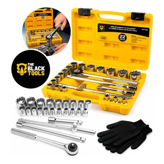 Kit Jogo De Soquetes Chave Catraca 22 Pçs 1/2 Estriado Luva Amarelo