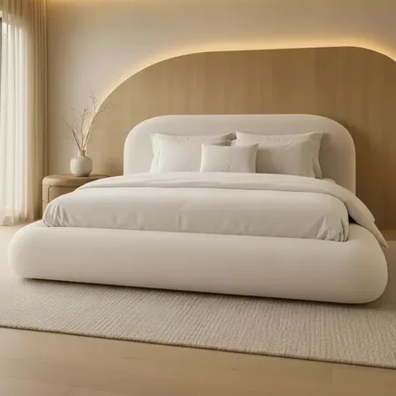 Cama King Malibu Bouclé Premium Estofada Luxo Cabeceira Alta Bege Linho/bouclê