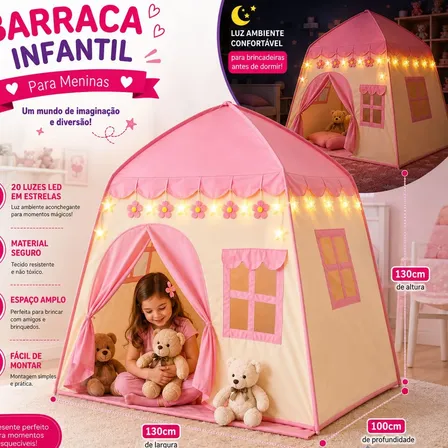 Barraca Infantil Tenda Cabana Menina Casinha Iluminada Leds Rosa