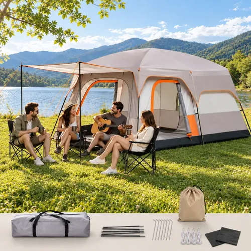Barraca Camping Impermeável 6-8 Pessoas Upf50+ Oxford Cáqui Bege