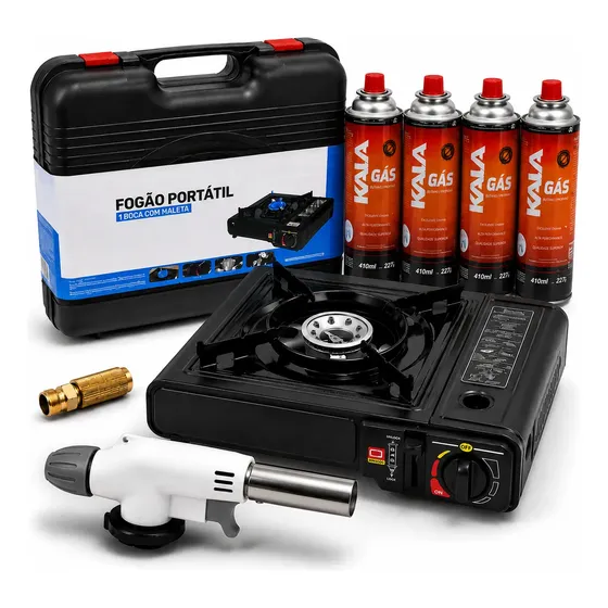Kit Fogareiro Fogão Portátil Camping Com Gás E Maçarico