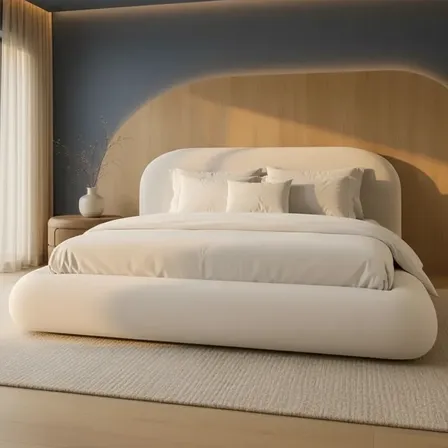 Cama King Estofada Bouclé Design Alto Padrão Premium Luxo Bege Linho/bouclê