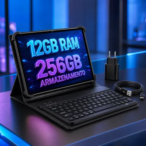 Tablet Profissional Android 10.1 Com Teclado Estudo Trabalho Preto 12gb 256gb