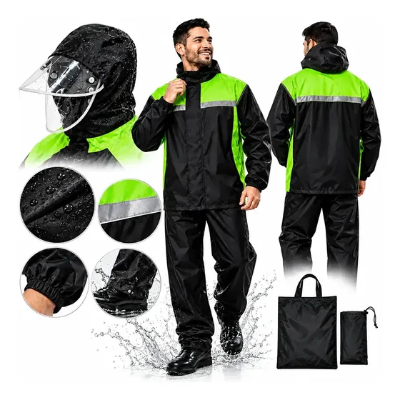 Capa De Chuva Motociclista Com Calça Viseira E Capuz Removív