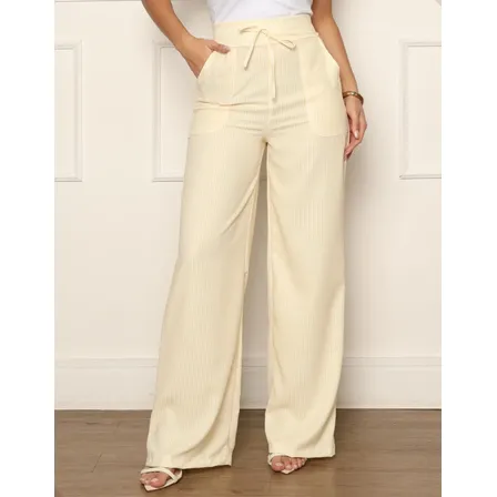 Calça Pantalona Listrada Cintura Alta Elástico Wide Leg Amarelo E Branco G (40-42)