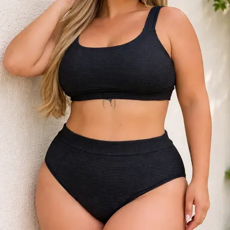 Biquíni Feminino Plus Size Top Alça Calcinha Cós Alto Verão Biquini Preto Liso G2 (46/48)