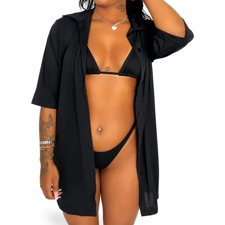 Saída De Praia Feminino Camisão Chemise Poliamida Dry Fit Preto Liso G