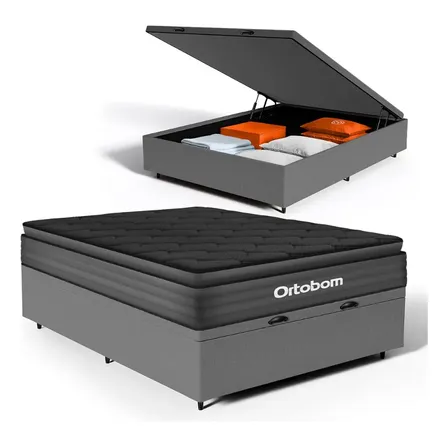 Cama Box Baú + Colchão Ortobom De Espuma Confort Black Casal Cinza
