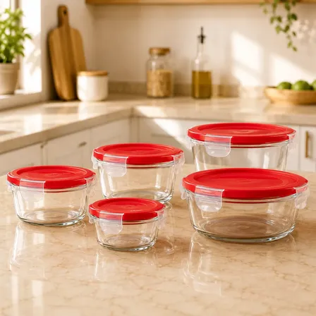 Kit 5 Potes Vidro Hermético Marmita Com Tampa Freezer Forno Vermelho