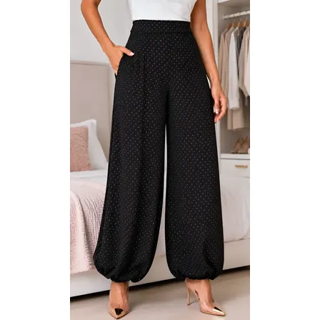 Calça Feminina Aladim Em Poá Poás Cós Alto Bolso Lateral Preto Poás Poás Branco Pp