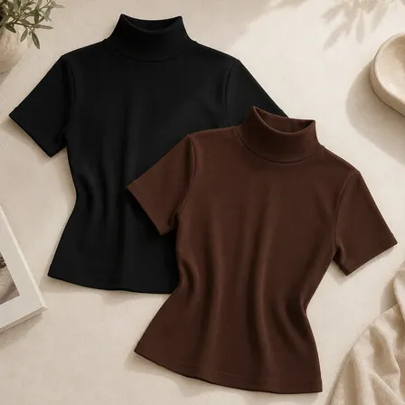 Kit 2 Blusas Feminina Canelada Gola Alta Ribana Básica Preto/marrom Liso Único: 36 A 42