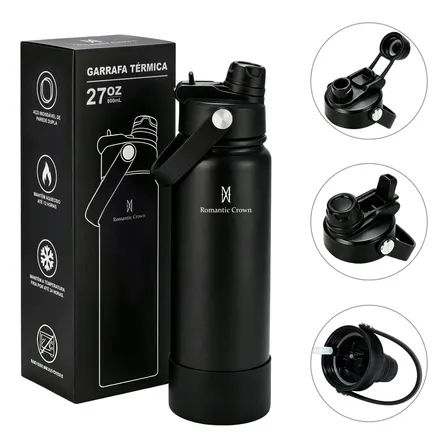 Garrafa Térmica 800ml Inox Bico Duplo Canudo Alça Esporte Preto